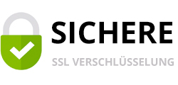 Schriftzug „Sicher“ mit Hinweis auf SSL-Verschlüsselung.